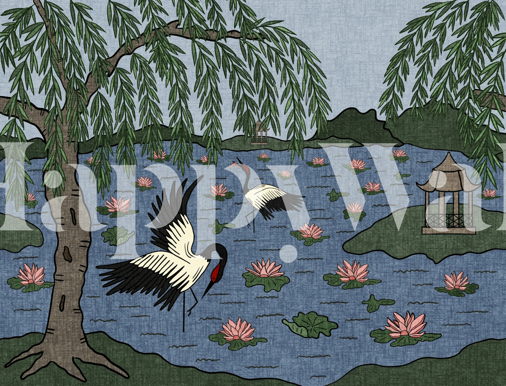 Cranes and willow trees wallpaper in a room