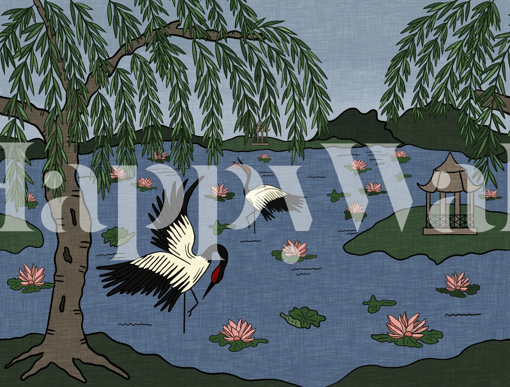 Cranes and willow trees wallpaper in a room