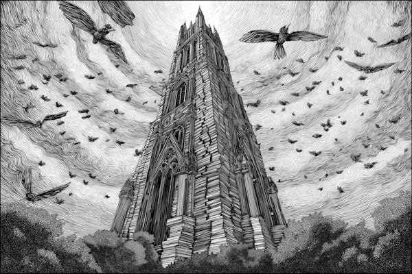 Dark Gothic Cathedral Tower Engraving Mural