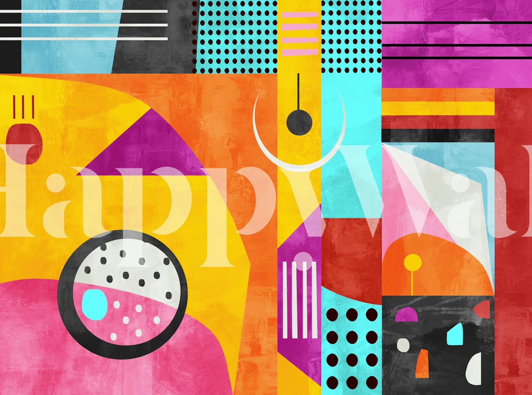 Retro 80s neon geometric art wallpaper in a room