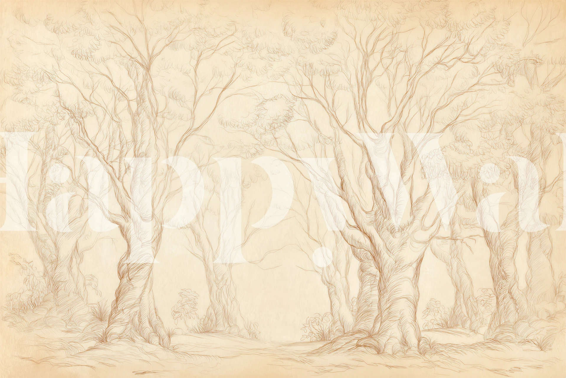Sepia forest sketch wallpaper in a room