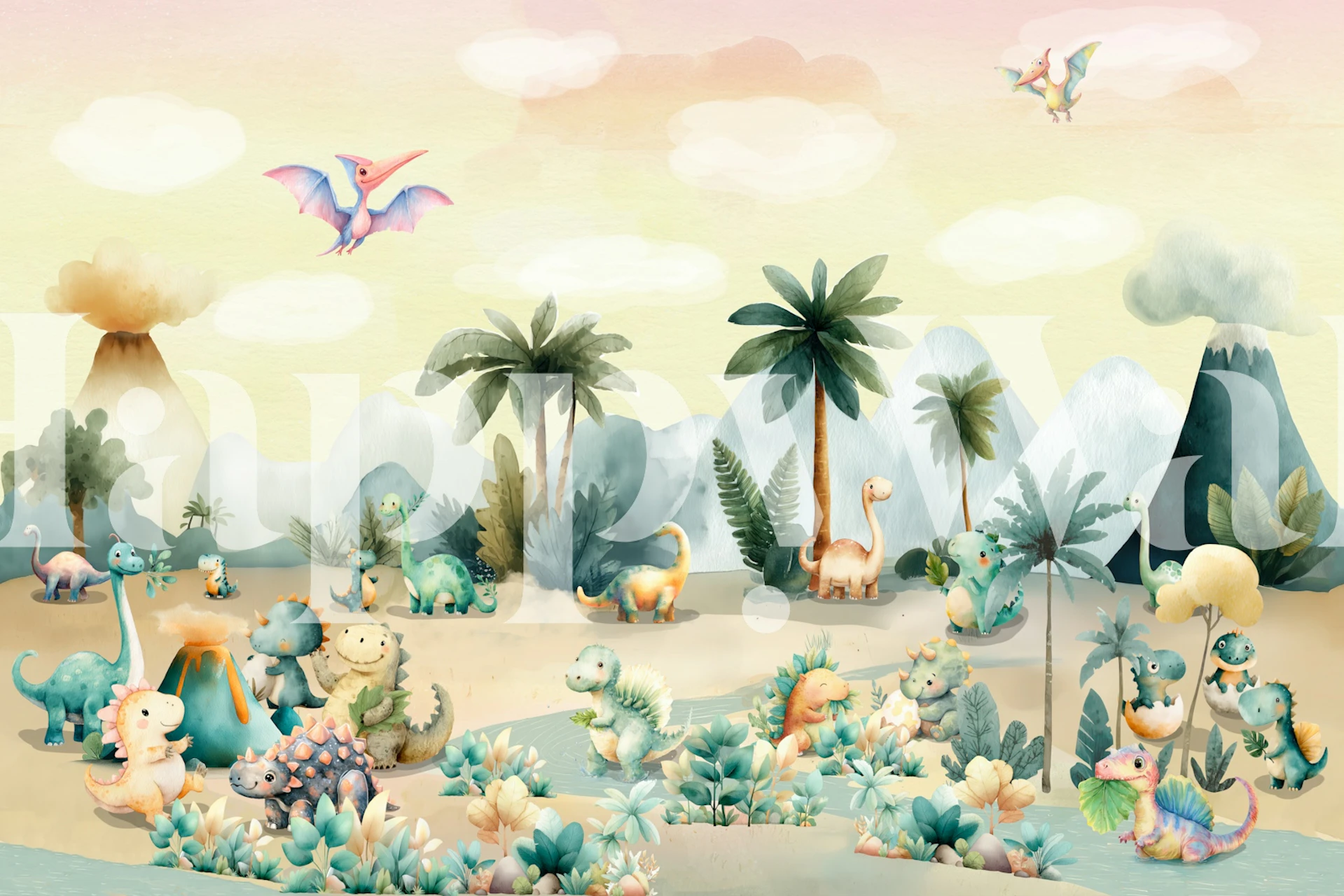 Kids dinosaur landscape mural in a room