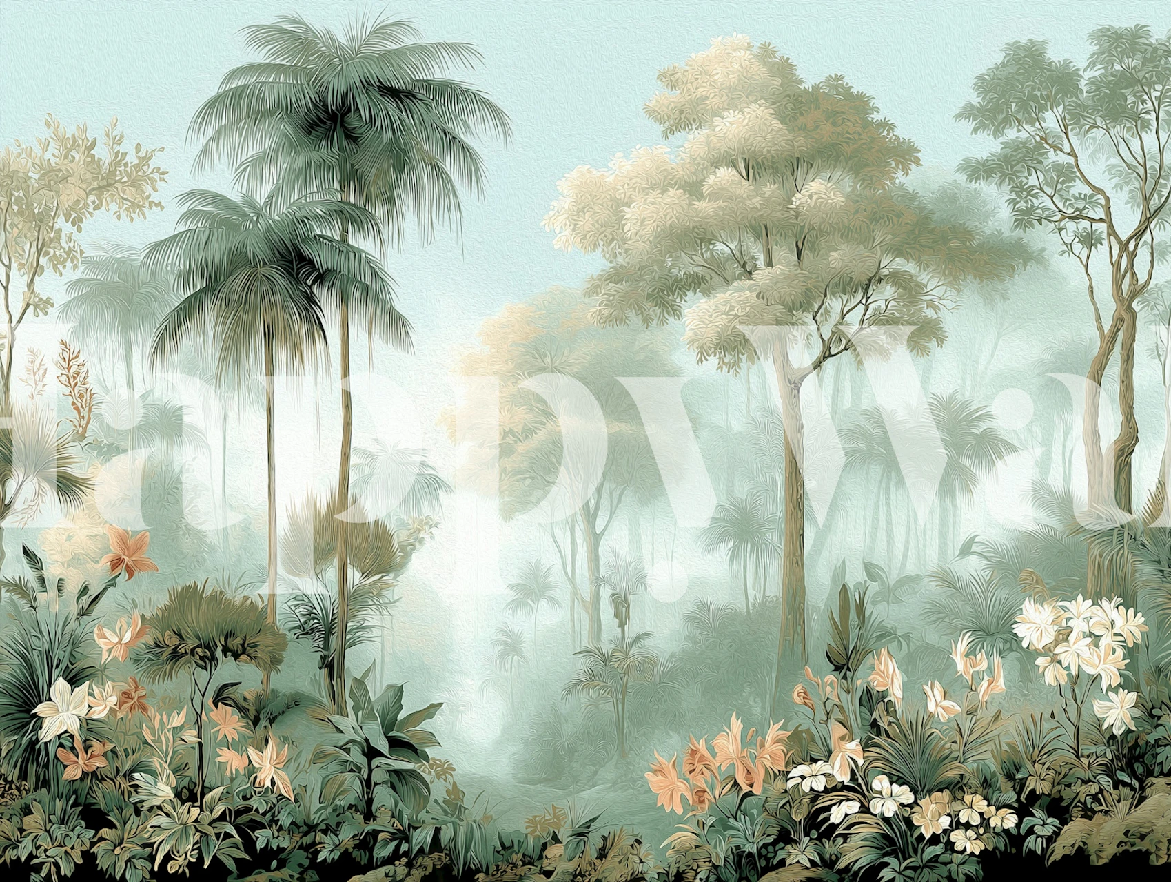 Misty Tropical Jungle wallpaper in een kamer