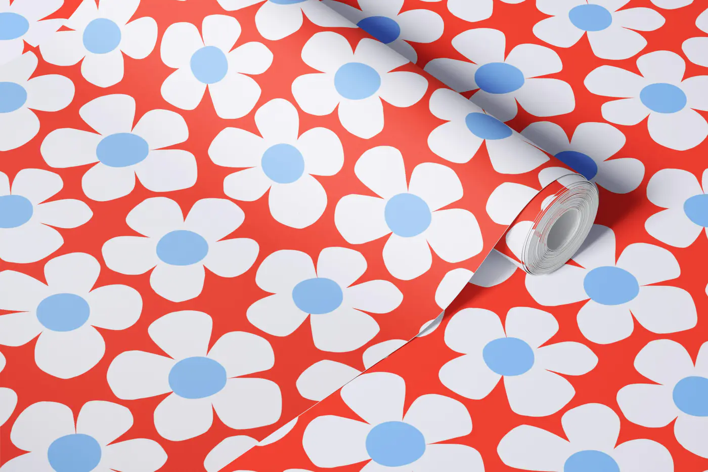 Big White Blossoms - Red and Blue wallpaper roll