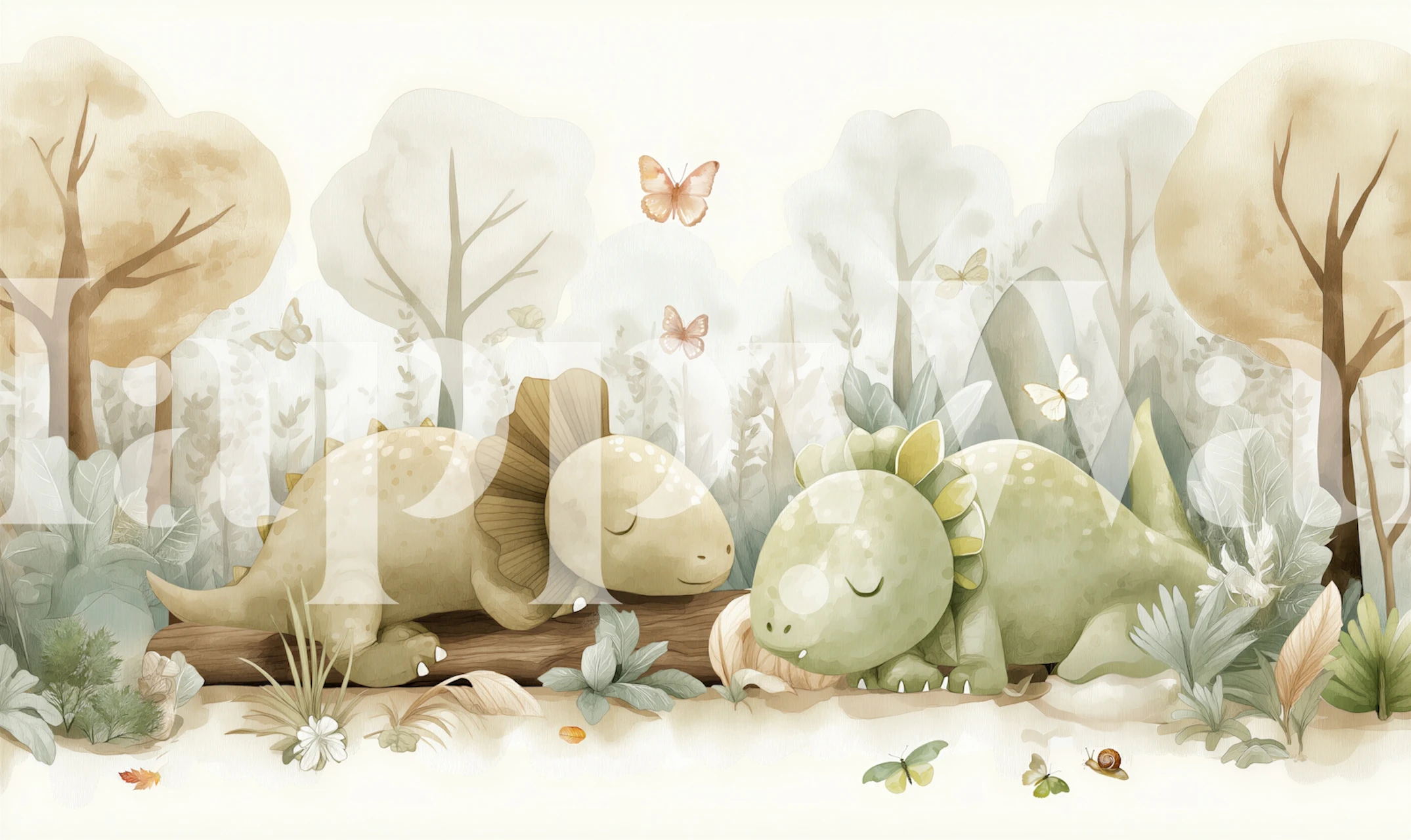 Cute Dino Forest Nursery Mural in a room