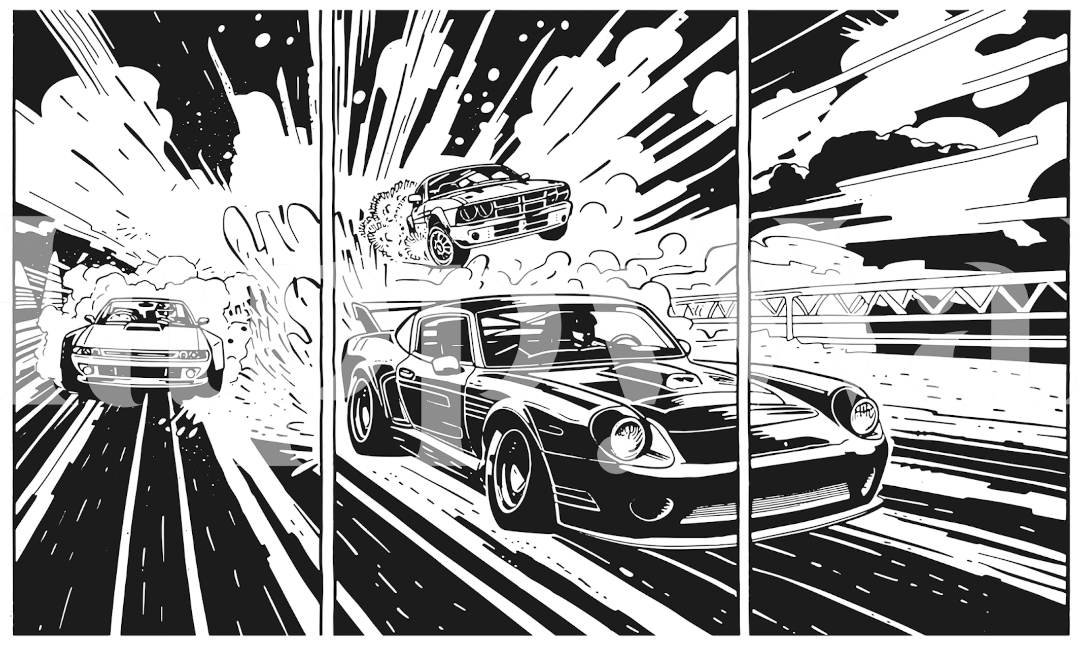 Racing cars comic style mural in a room