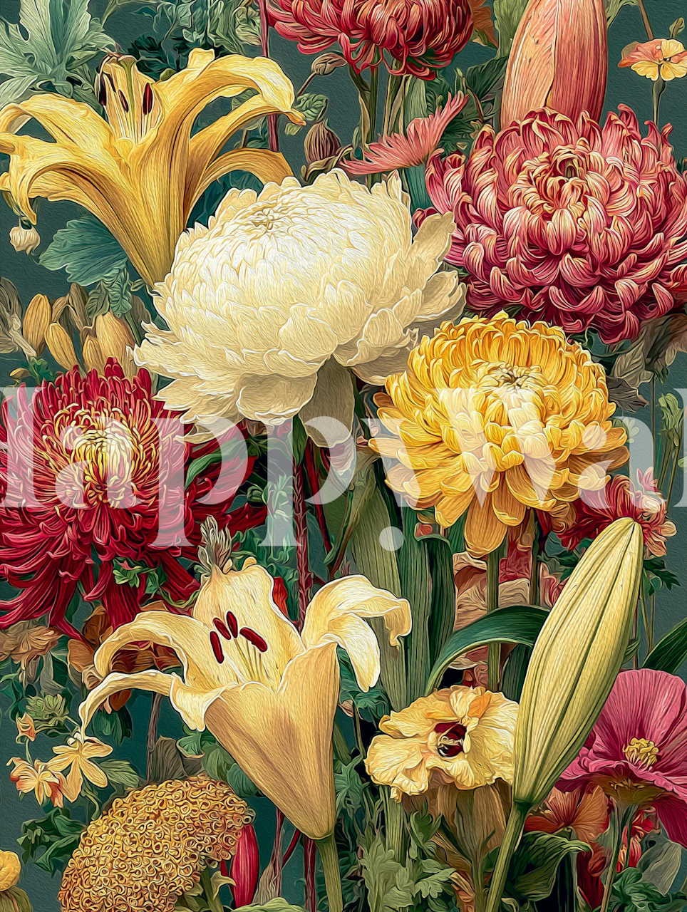 Painterly garden flowers wallpaper in a room