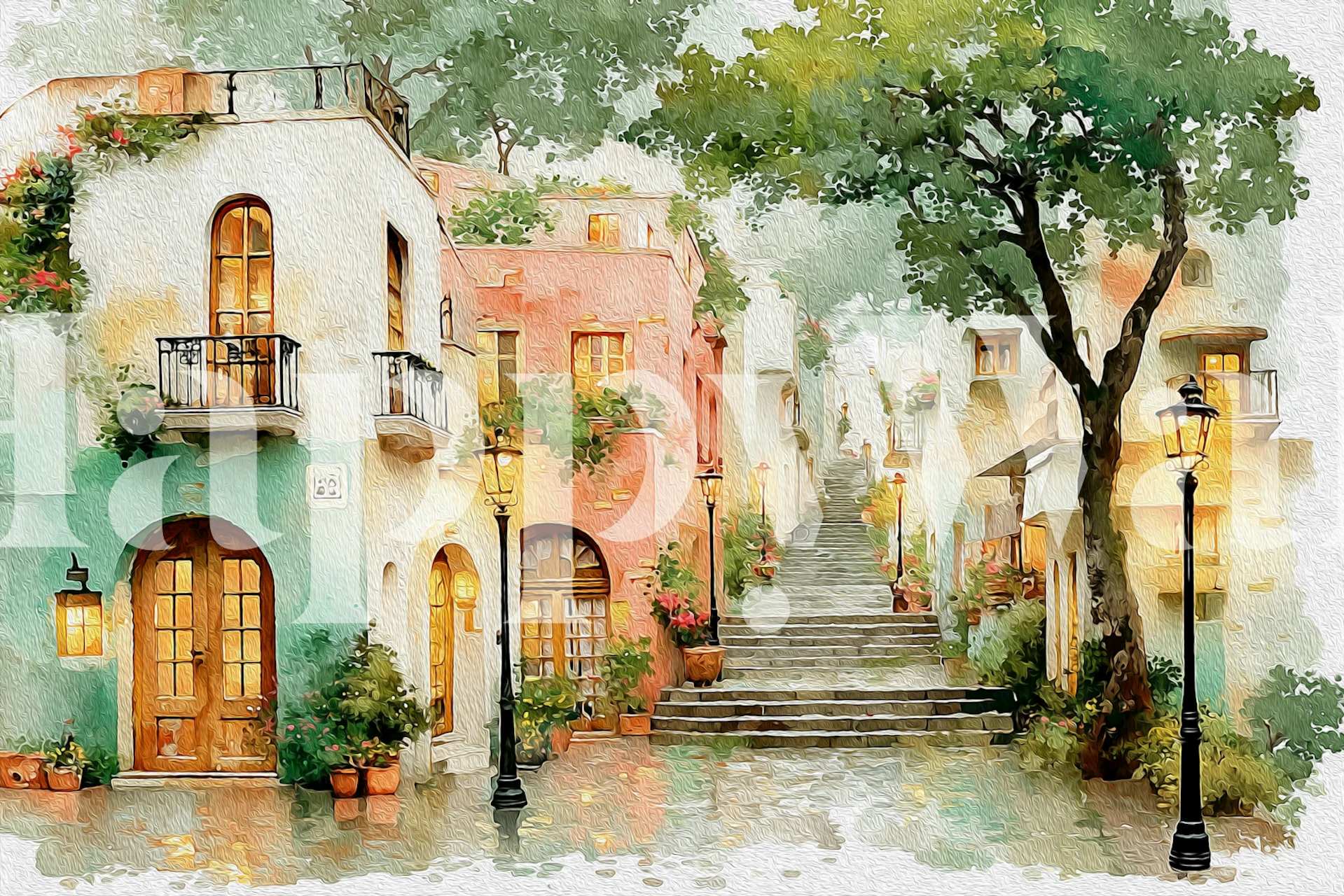 Mediterranean Village Painterly wallpaper in a room