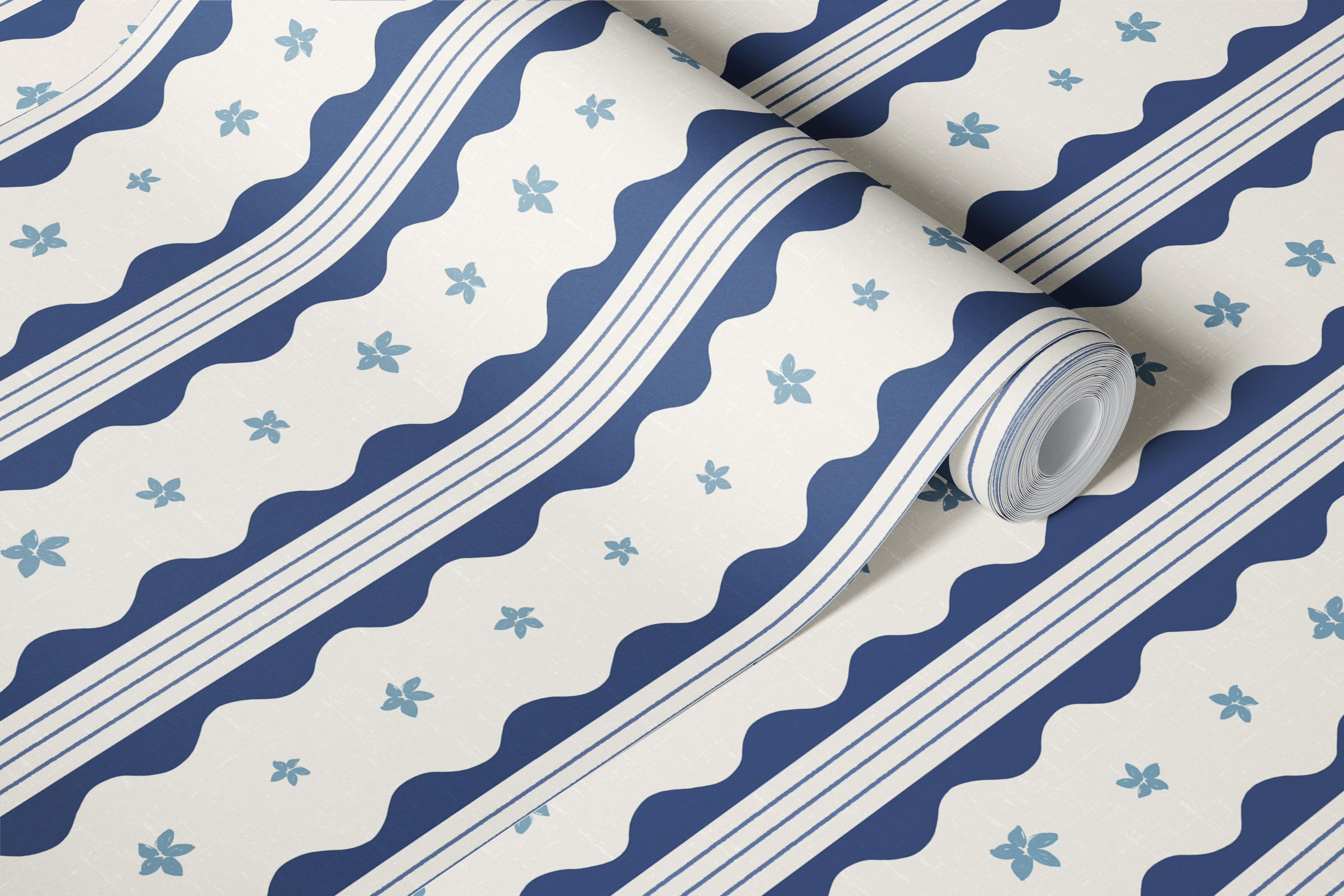 Indigo scalloped stripe flowers wallpaper in a room