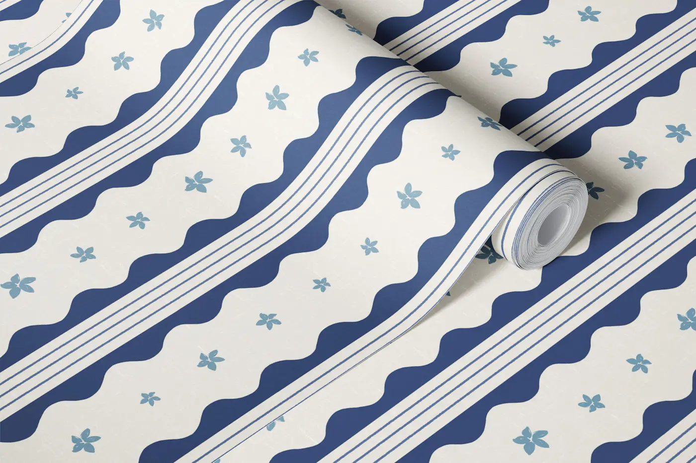 Indigo Scalloped Stripe Flowers wallpaper roll