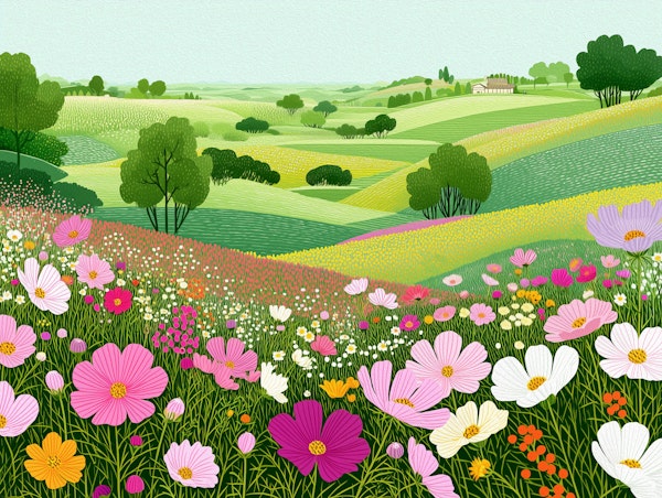 Sunny Meadow Flowers and Green Fields