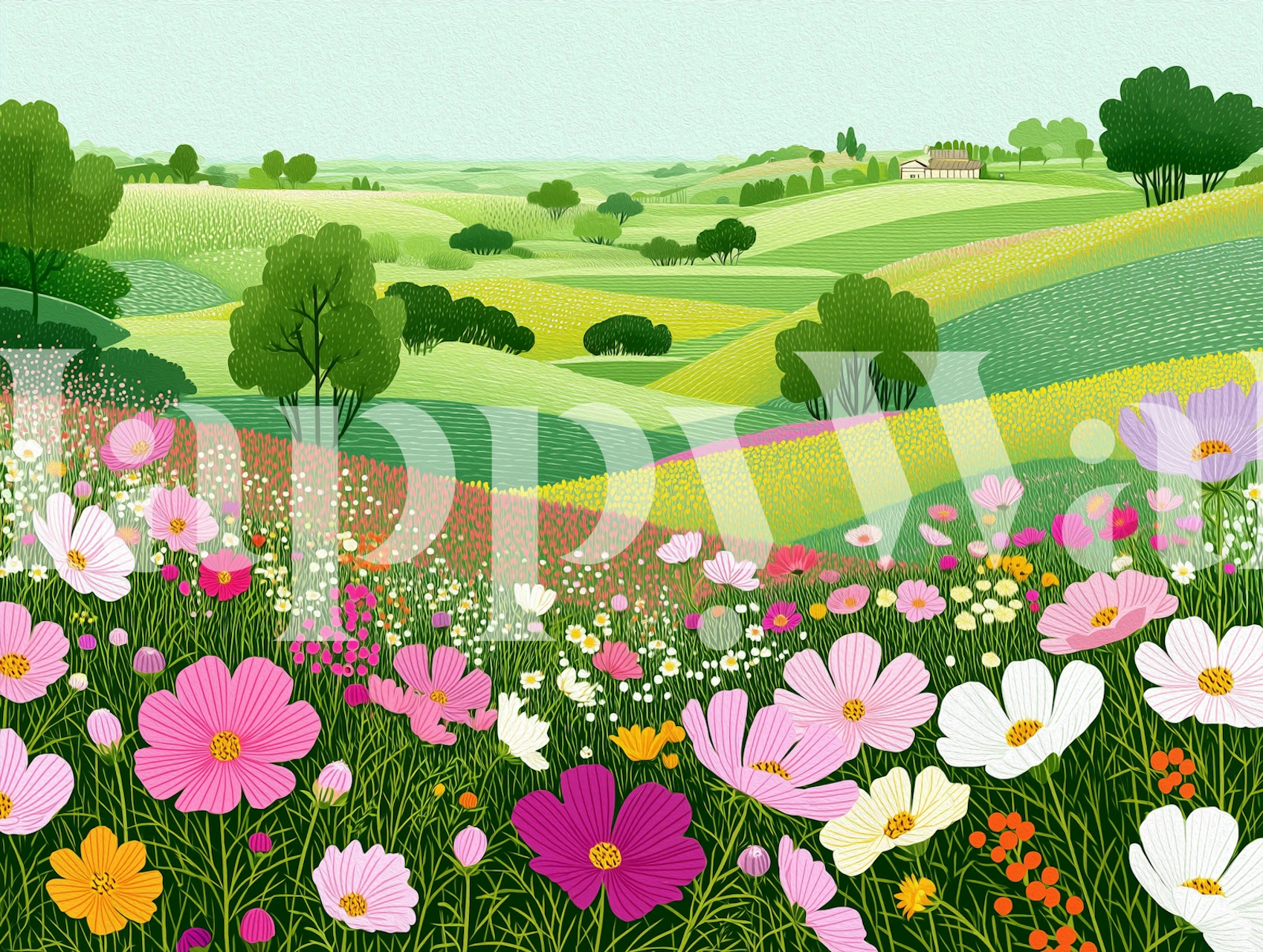 Sunny meadow flowers wallpaper in a room