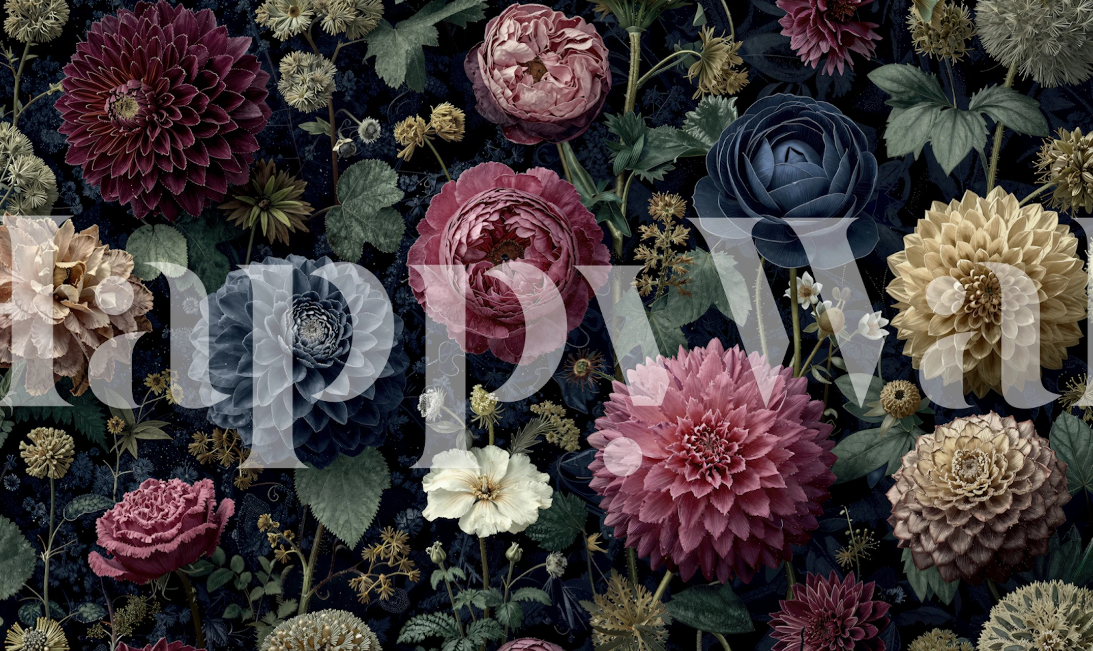 Dark floral botanical garden mural wallpaper