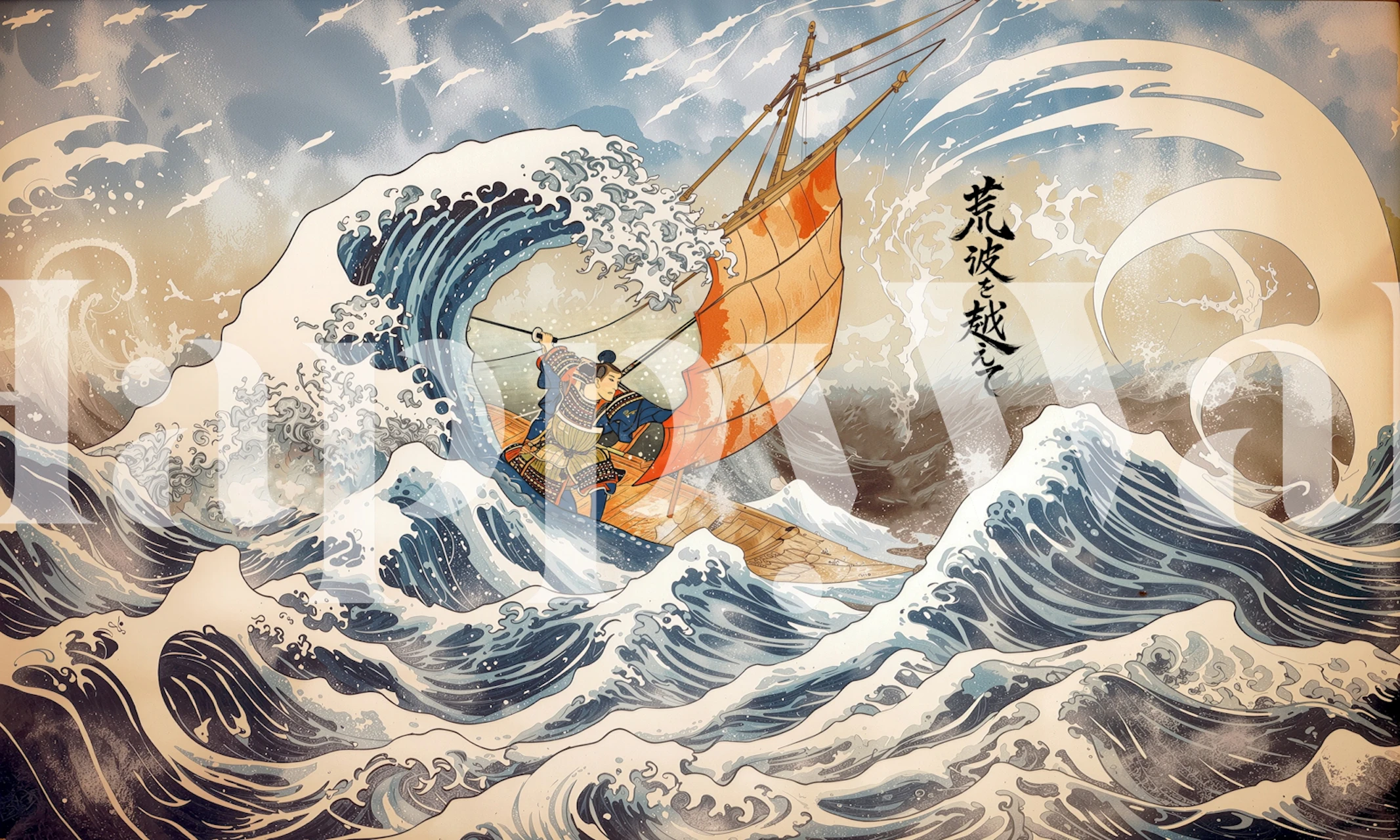 Japanese Wave Samurai Boat Mural - Happywall
