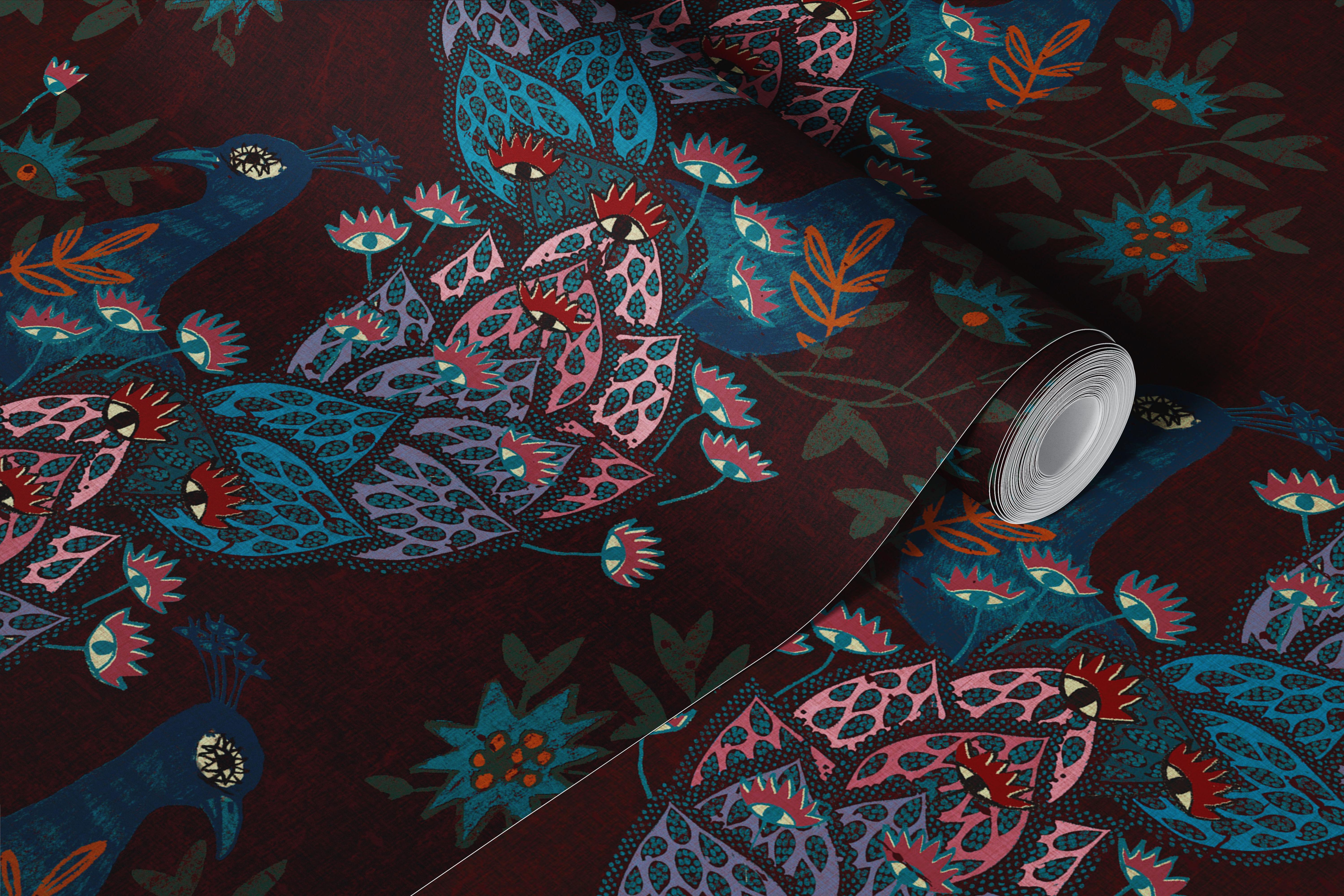 Boho Peacock Floral Folk Art wallpaper in a room