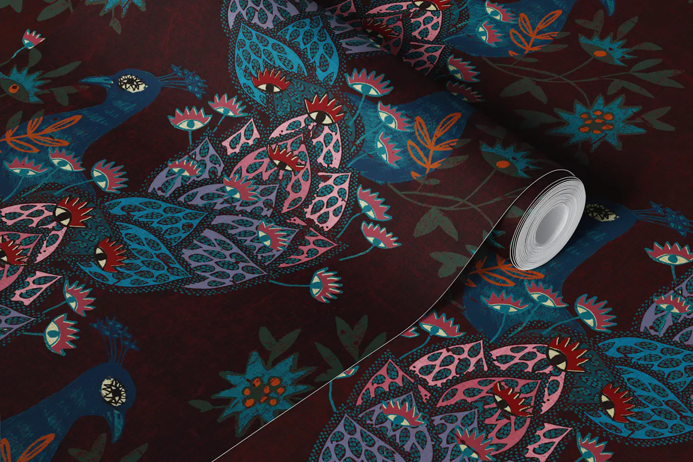 Boho Peacock Floral Folk Art wallpaper roll