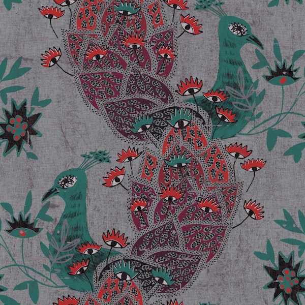 Teal Peacocks and Red Eye Flowers