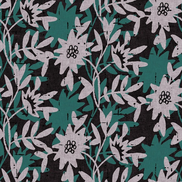 Gray Teal Boho Trailing Floral on Charcoal