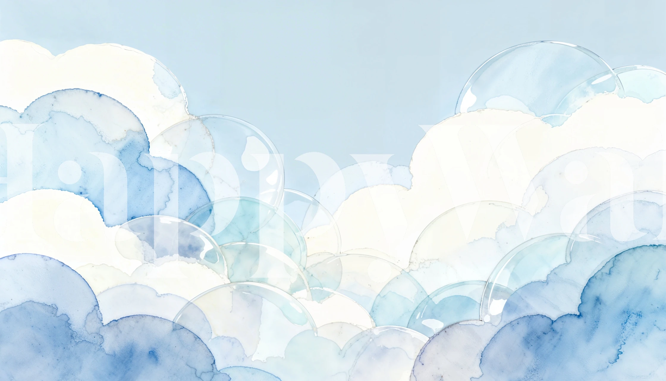 Akvarell skylandskap blått tapet i et rom