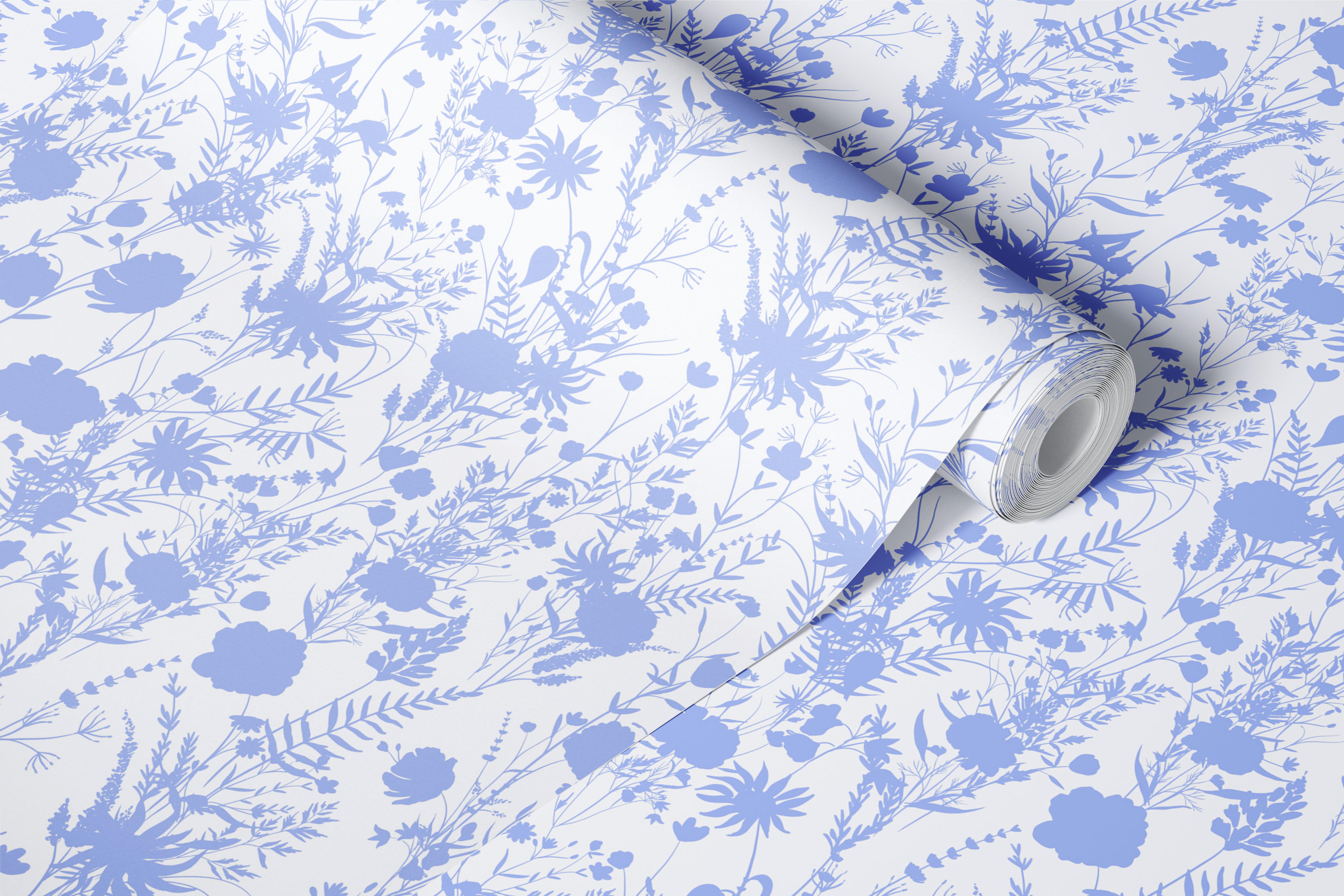 Minimal Botanical Meadow Blue wallpaper displayed in a room