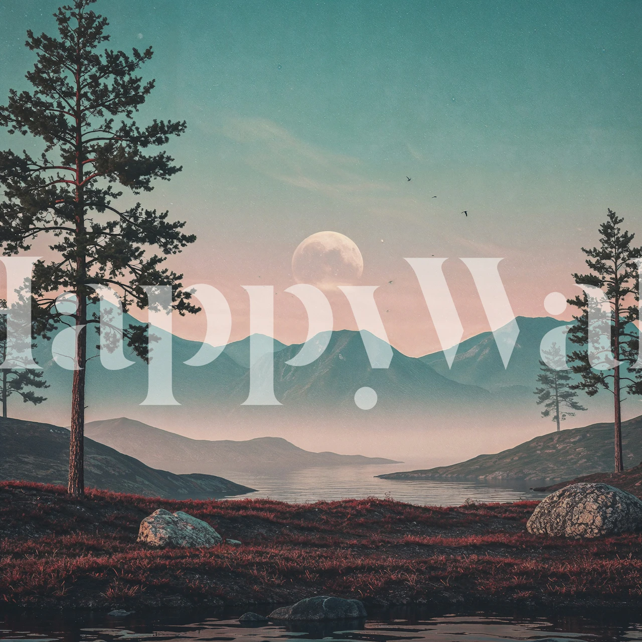 Moonrise over misty mountains wallpaper in room