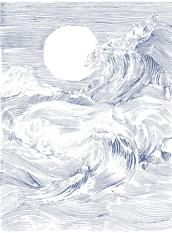 Moonlit Ocean Waves Engraving Blue Grey