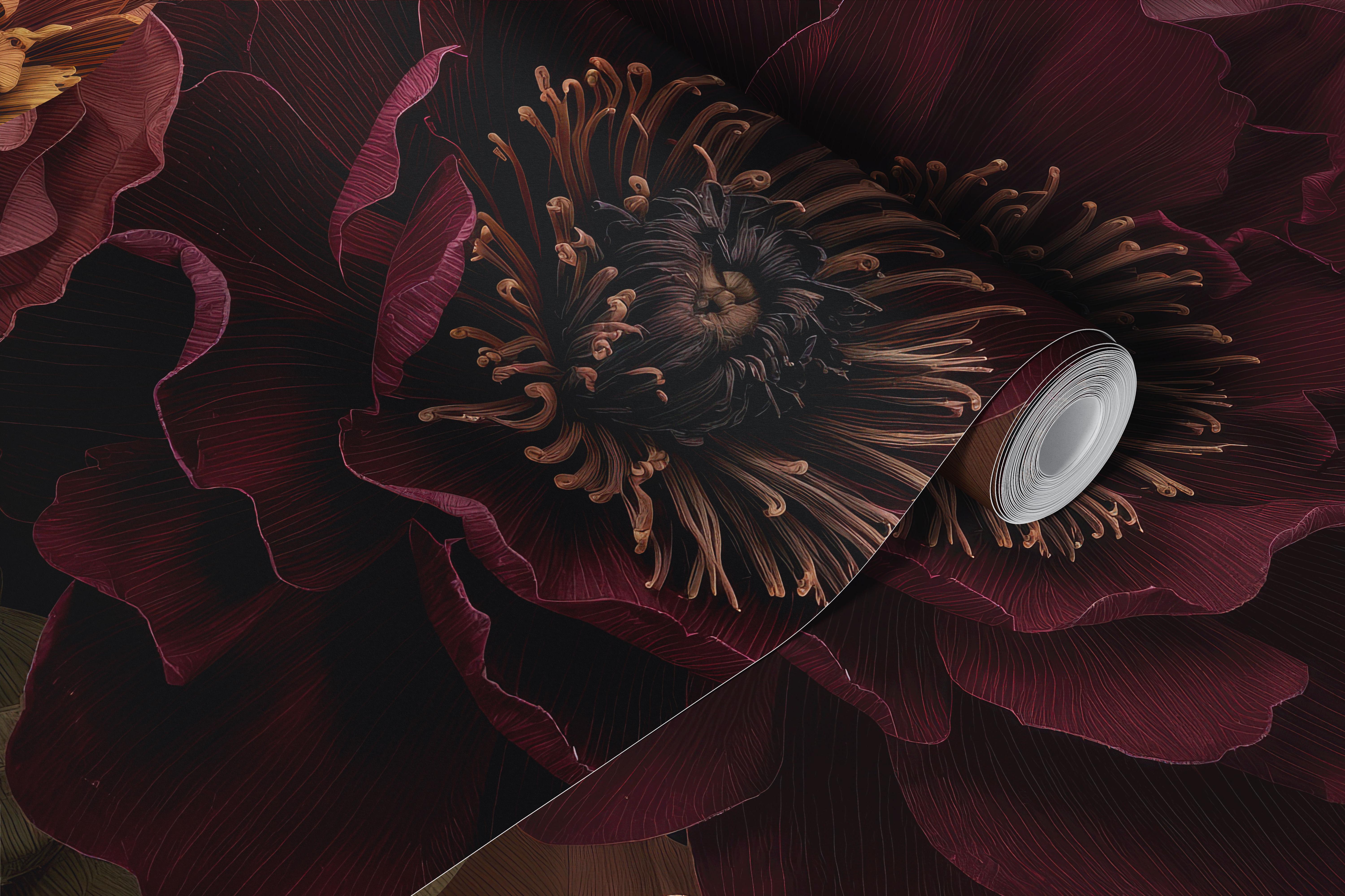 Dark floral wallpaper in a room with vintage blooms