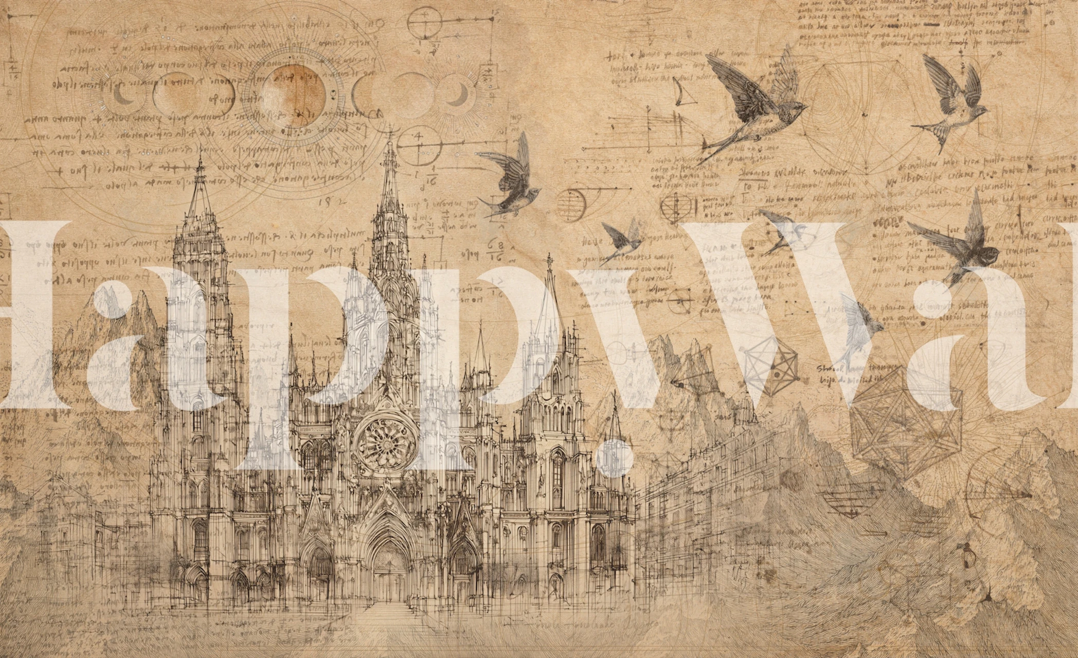 Antique architecture sketch wallpaper in a room