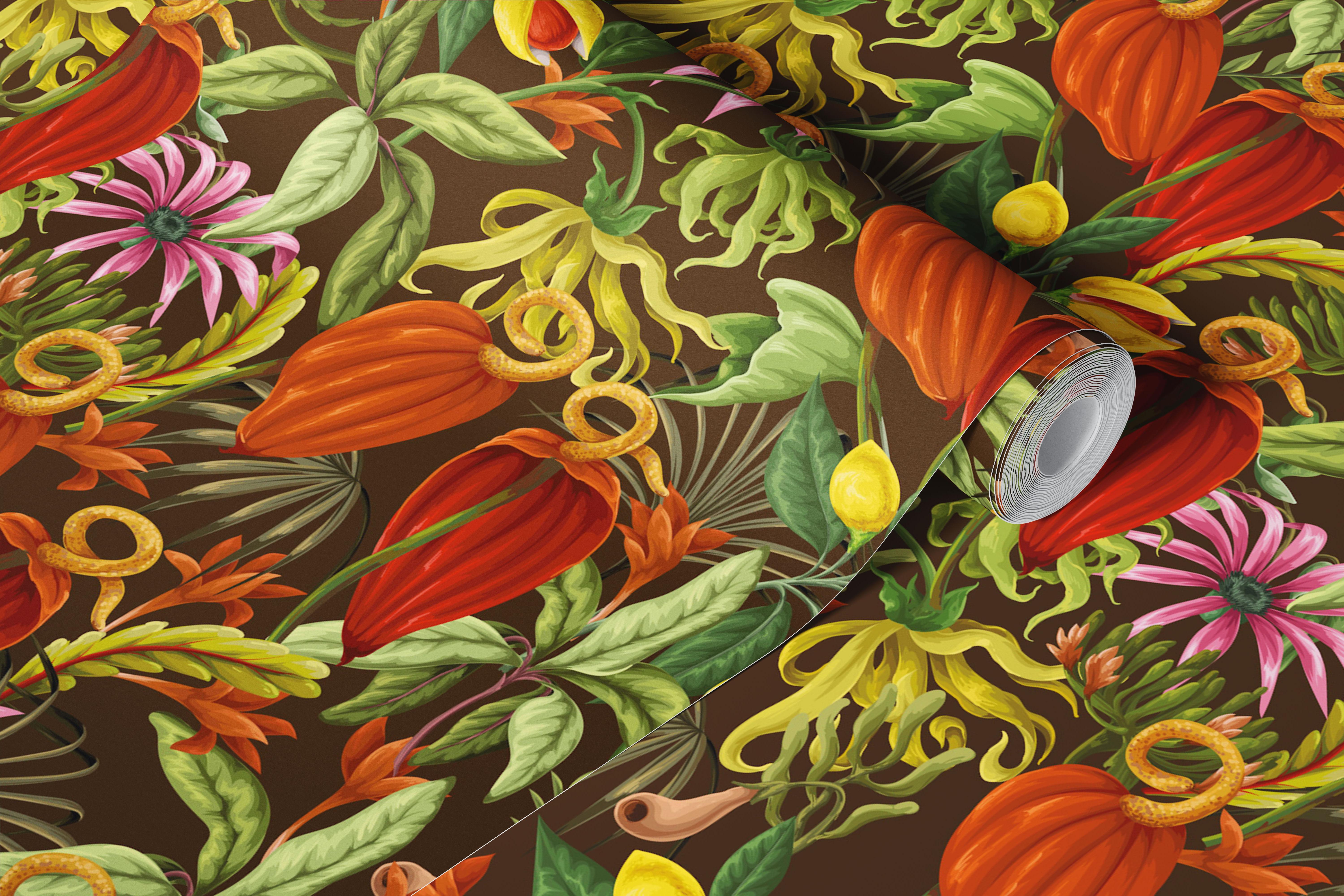 Exotic floral wallpaper displayed in a room