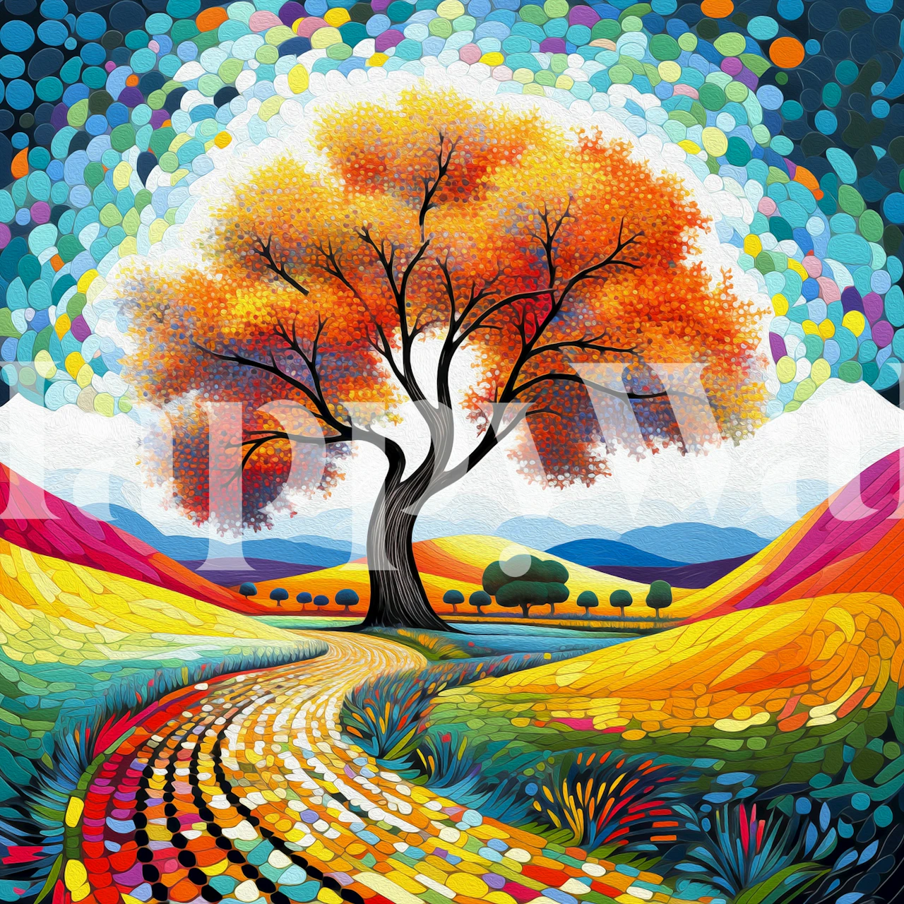 Kleurrig herfstboom behang in een kamer