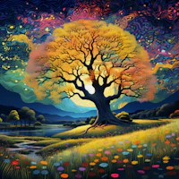 Golden Tree Under Starry Swirls wallpaper