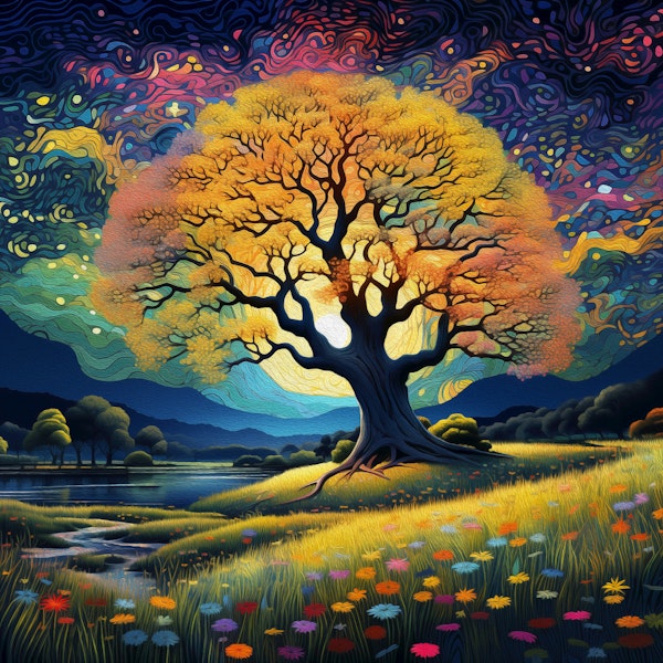 Golden Tree Under Starry Swirls
