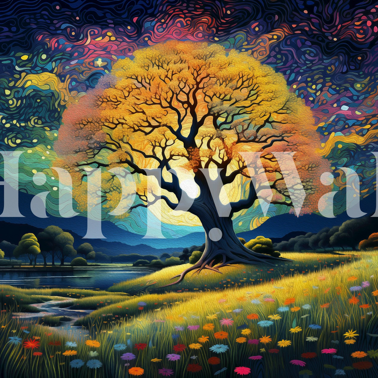 Golden Tree Under Starry Swirls wallpaper