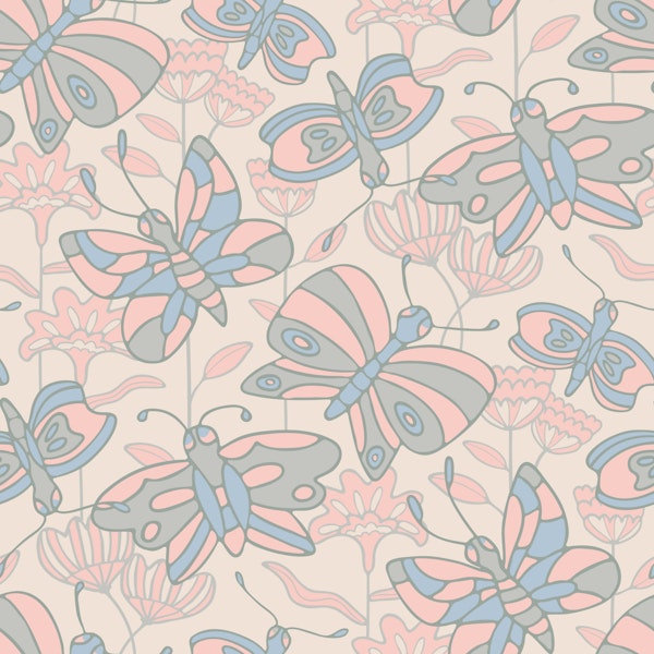 Flutter Butterfly Floral Pastel Blush Gray