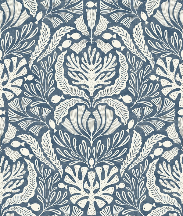 coral damask - navy blue