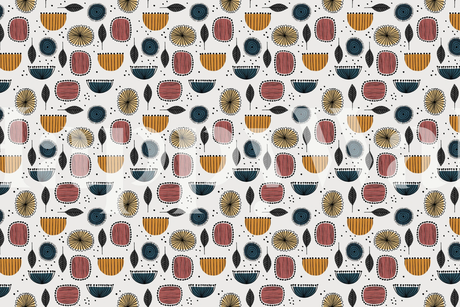 Botanical seed and flower pattern wall mural in earthy tones