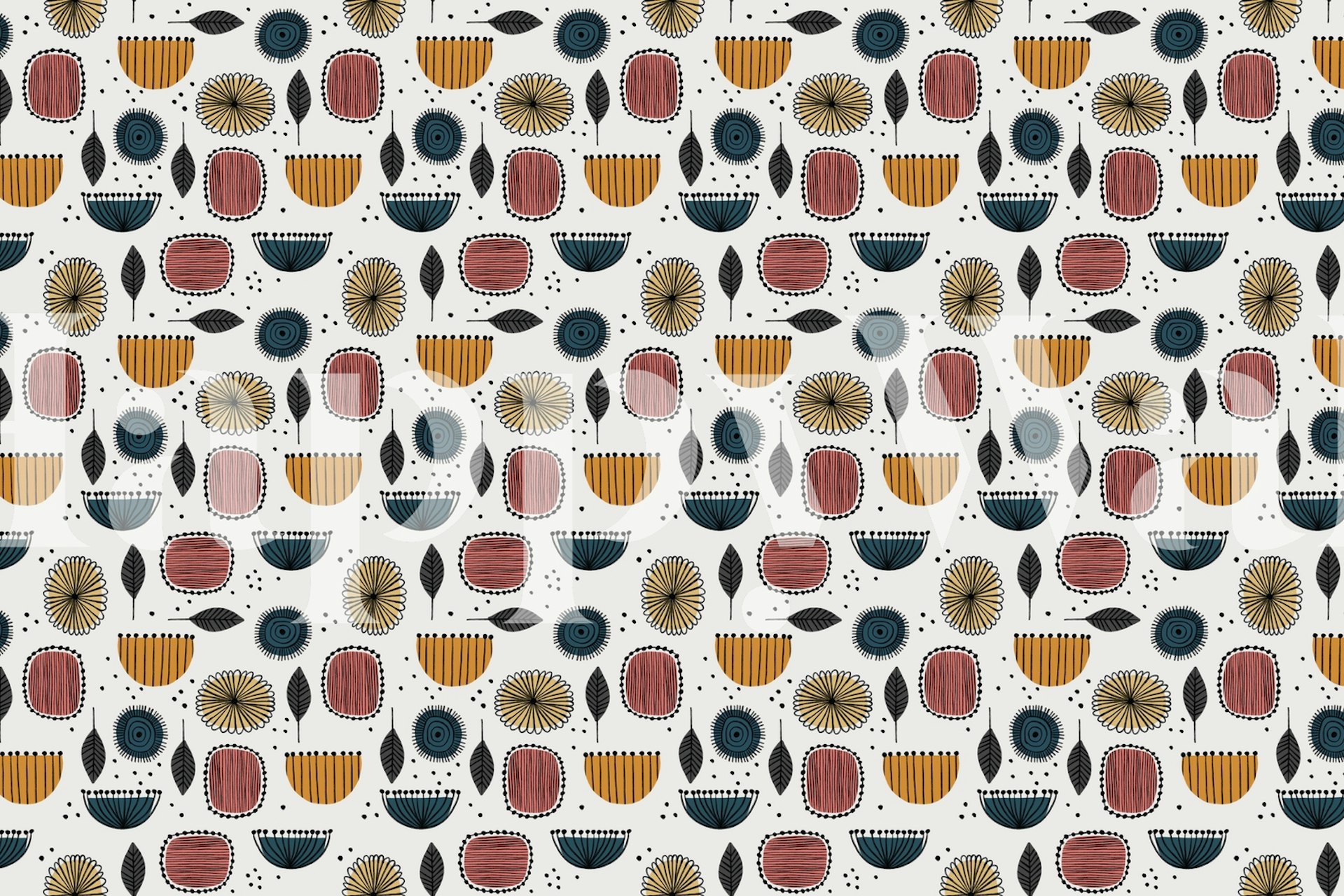 fotomural vinílico de parede com padrão de flores e sementes botânicas em tons terrosos