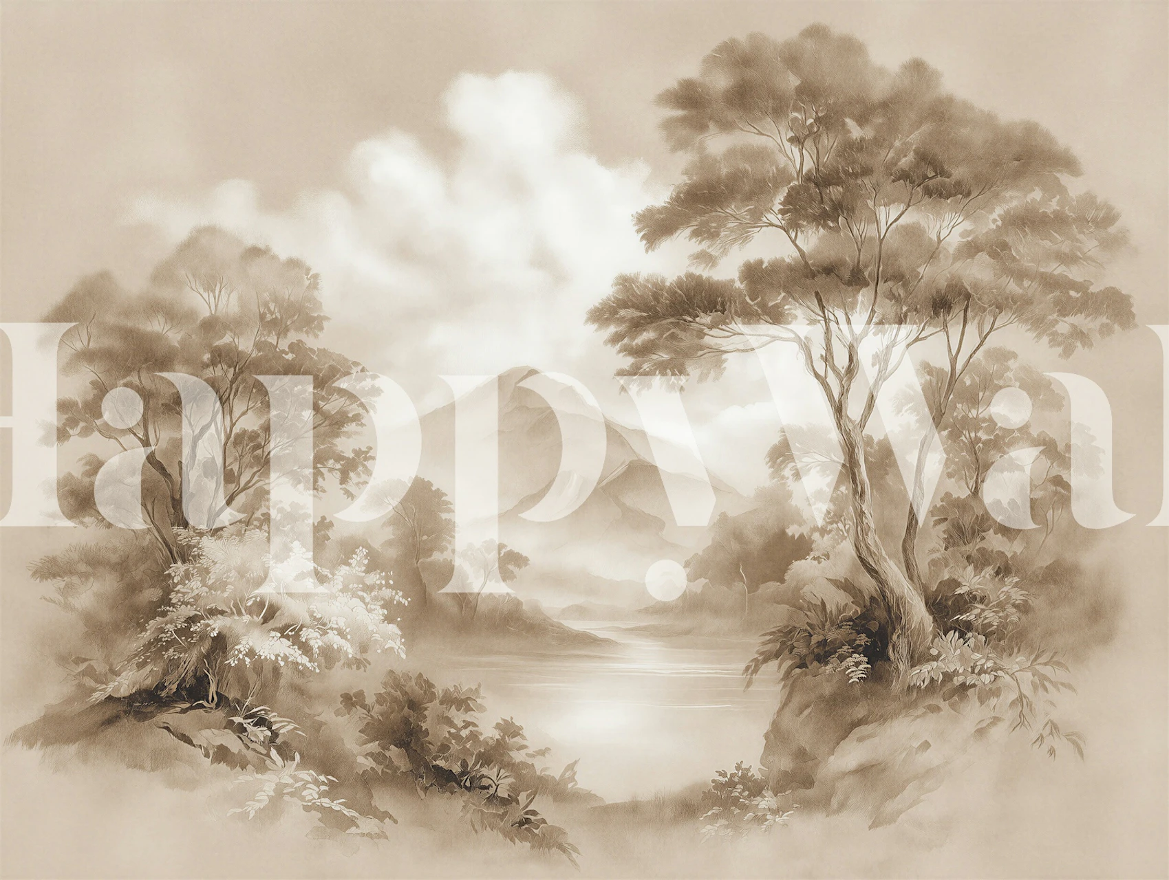 Vintage sepia forest landscape wallpaper in a room