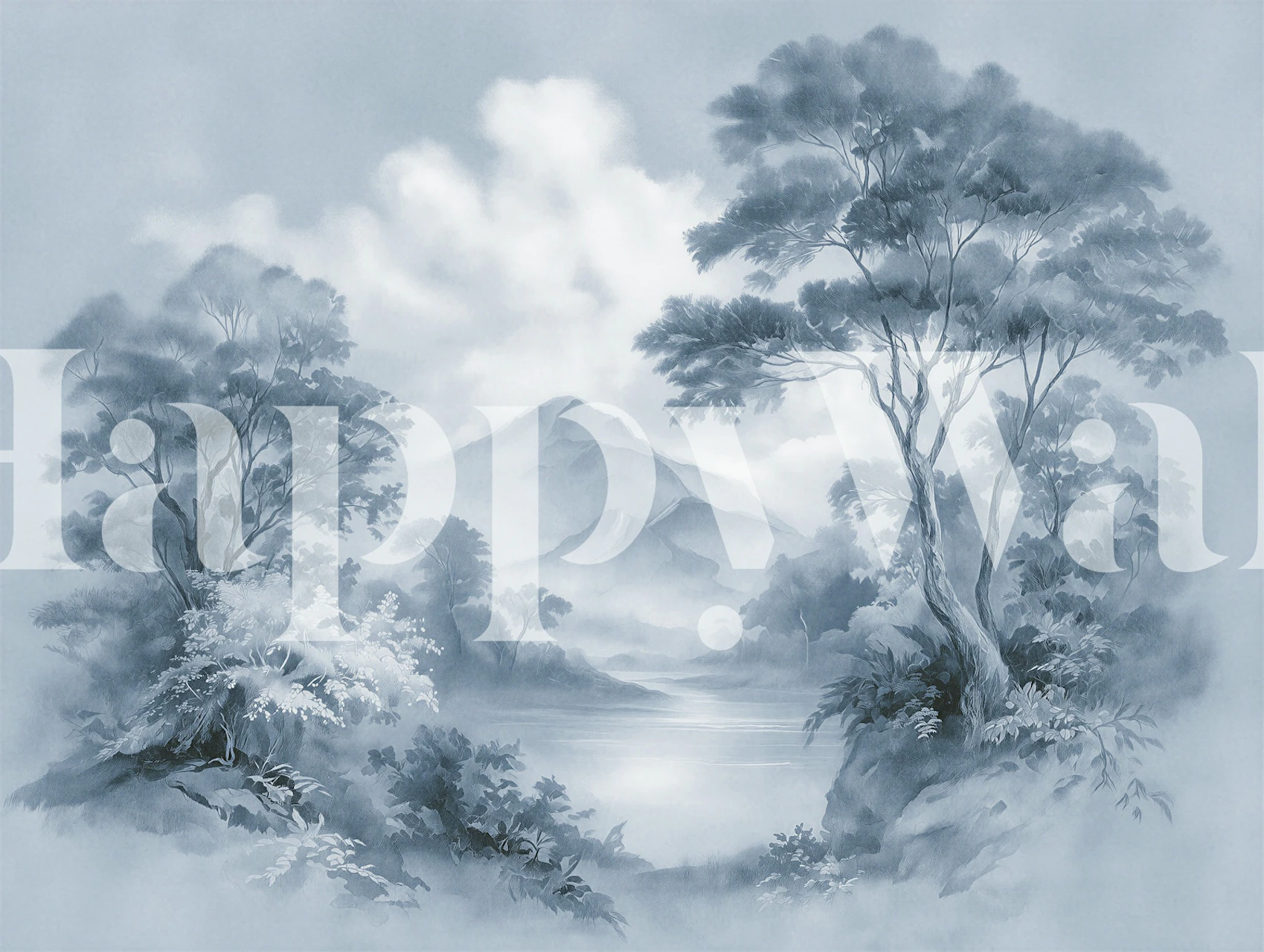 Dreamy Blue Forest and Mountain wallpaper in a room