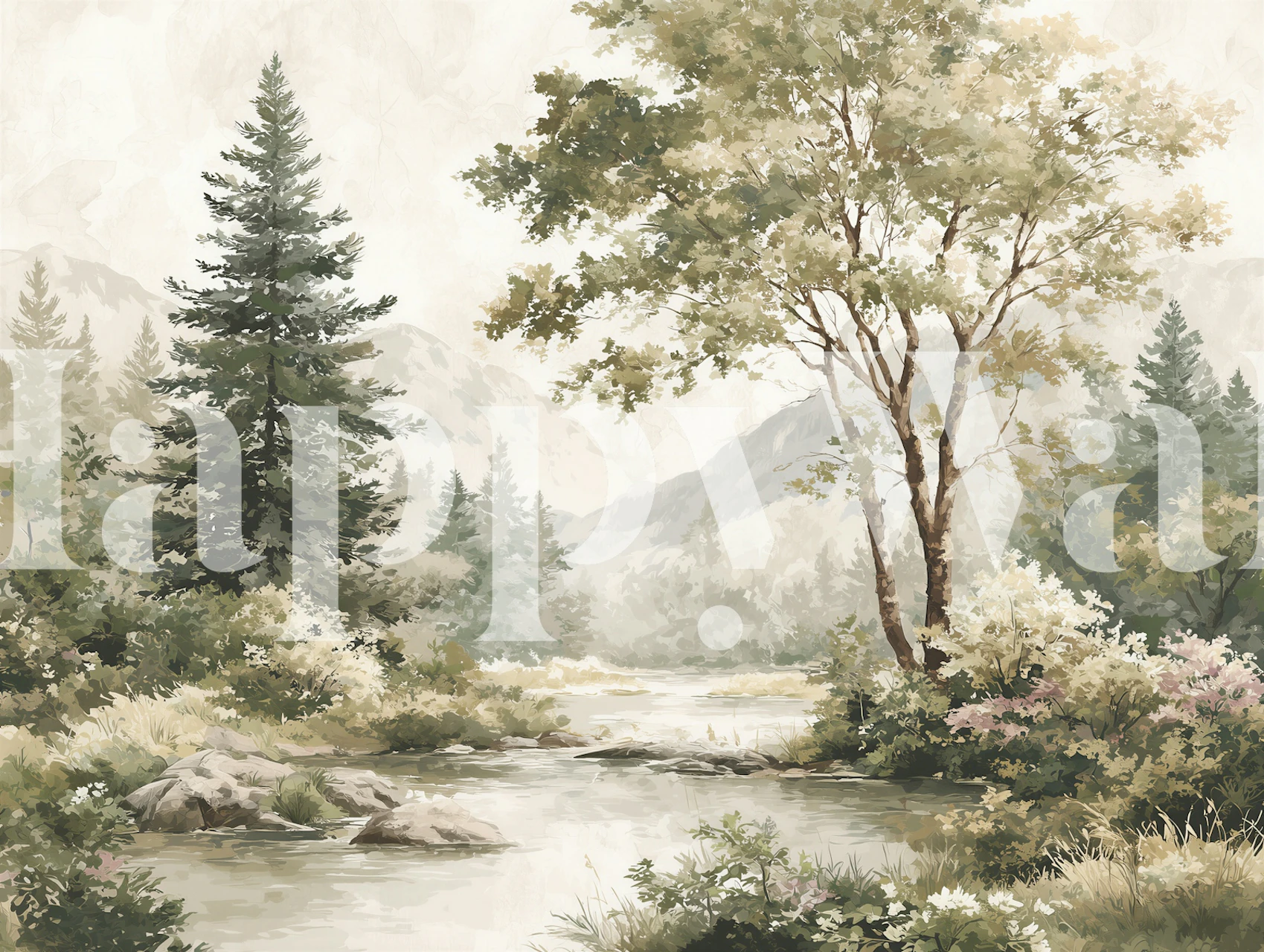Soft Watercolor Forest Valley wallpaper in a room