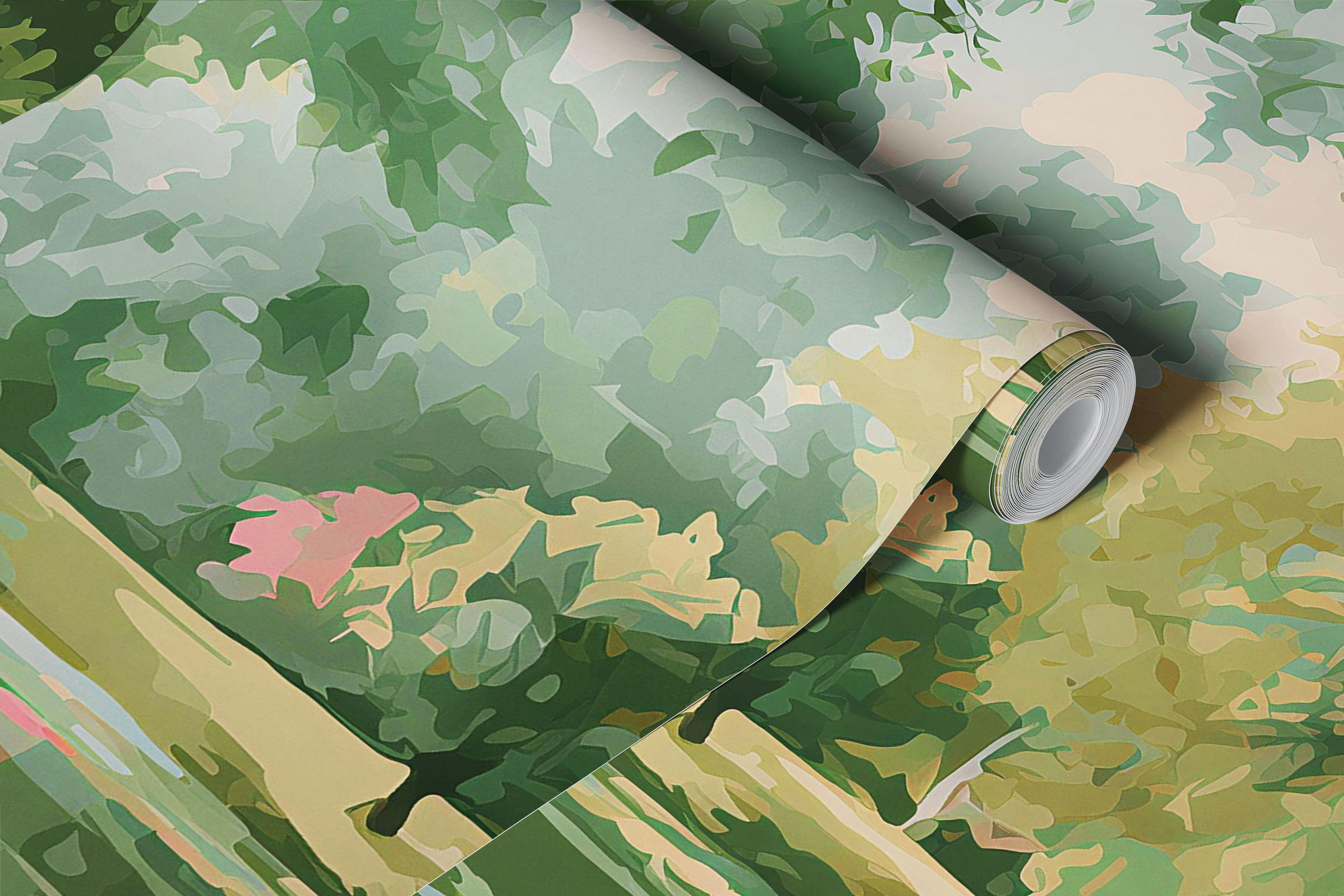 Papel de parede com jardim junto ao rio na sala de estar