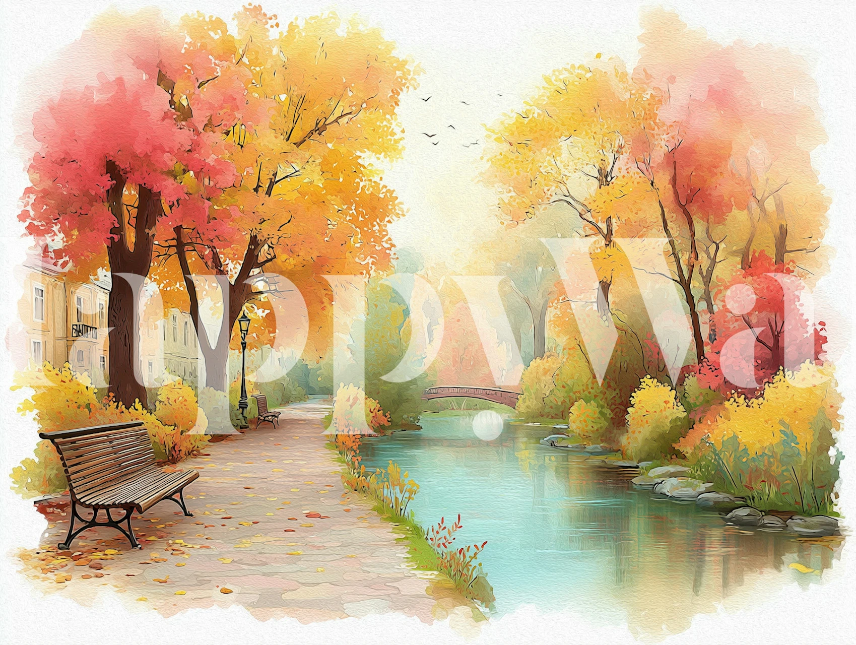 Autumn Park River Walk wallpaper in a room