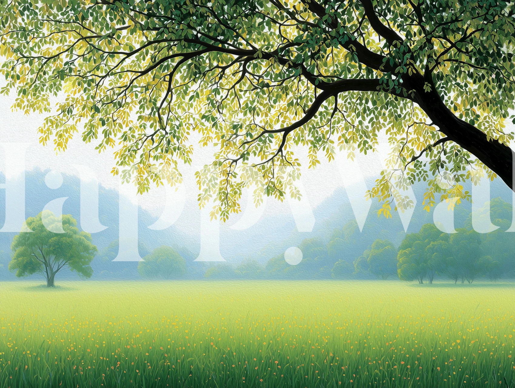Sunlit Meadow Under Tree Canopy wallpaper