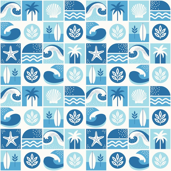 Surf Wave Palm Seaside Tiles Blue