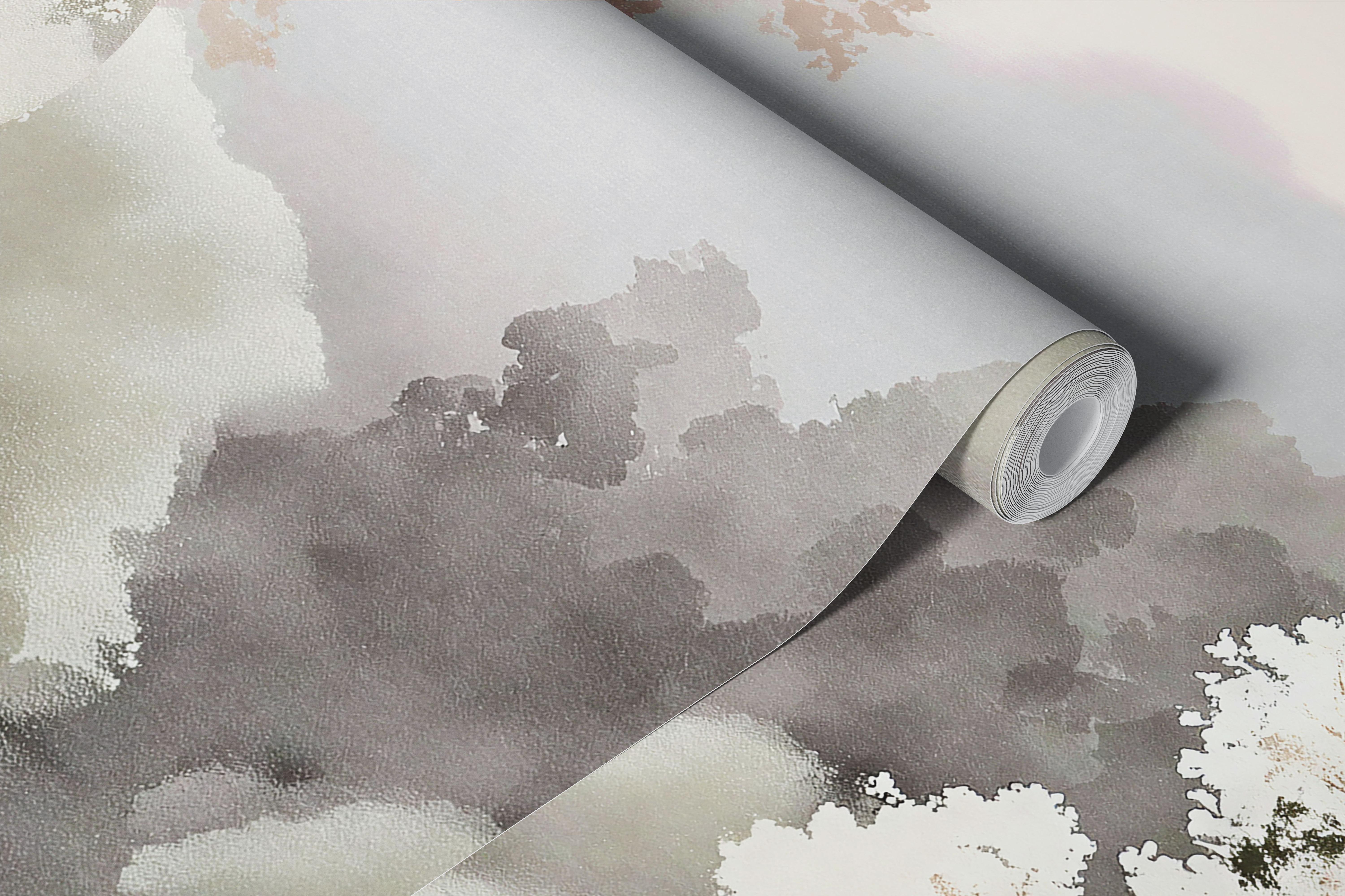 Misty River Valley Watercolor wallpaper in a room