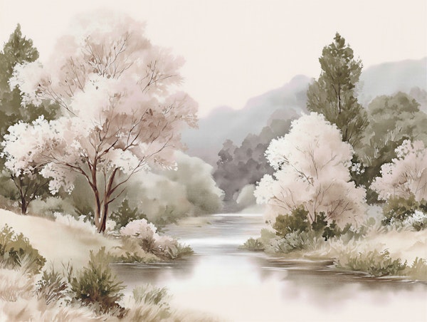 Misty River Valley Watercolor