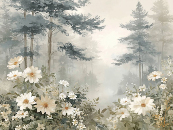 Foggy Pine Woods with White Daisies
