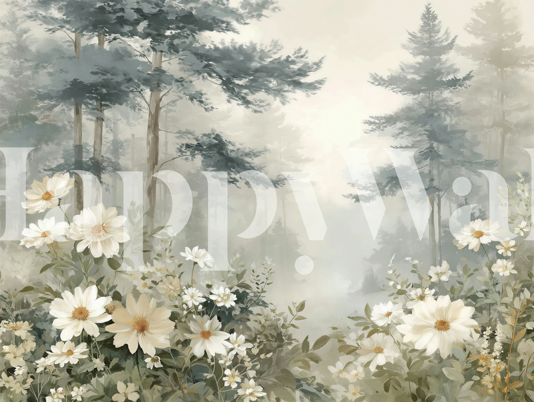 Foggy Pine Woods with daisies wallpaper in a room