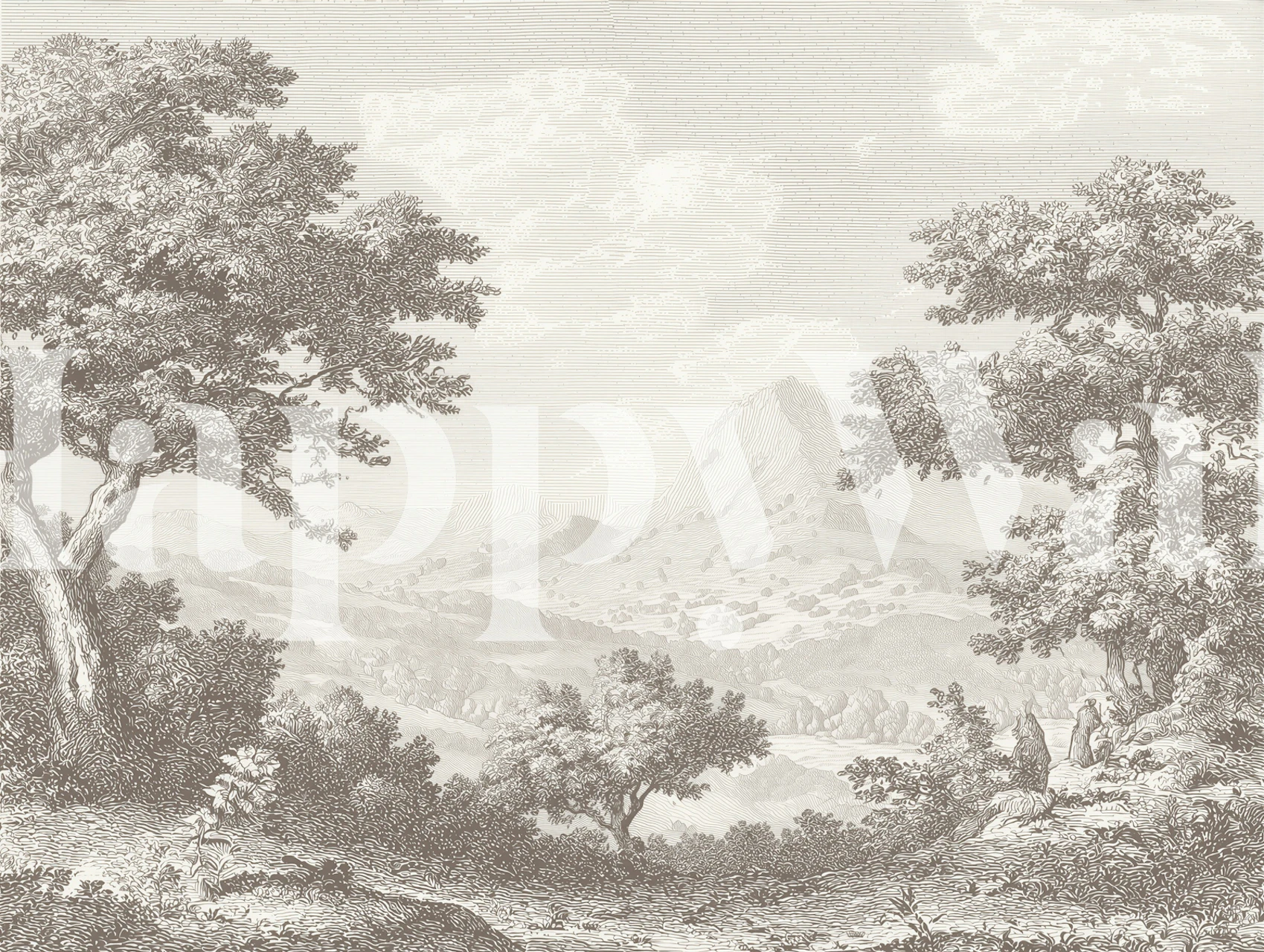 Sepia Mountain Valley Engraving wallpaper