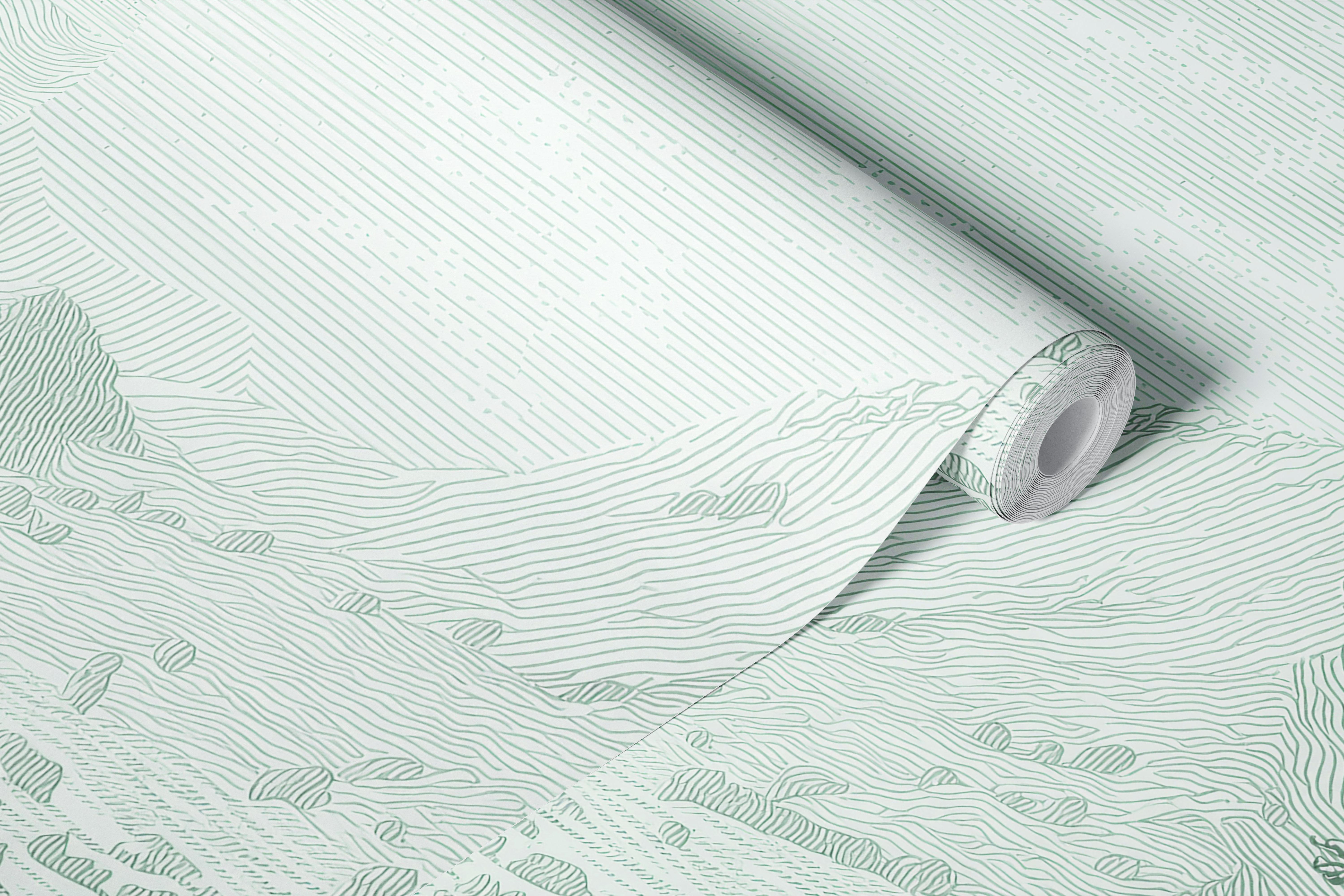 Sage green toile landscape wallpaper in a room